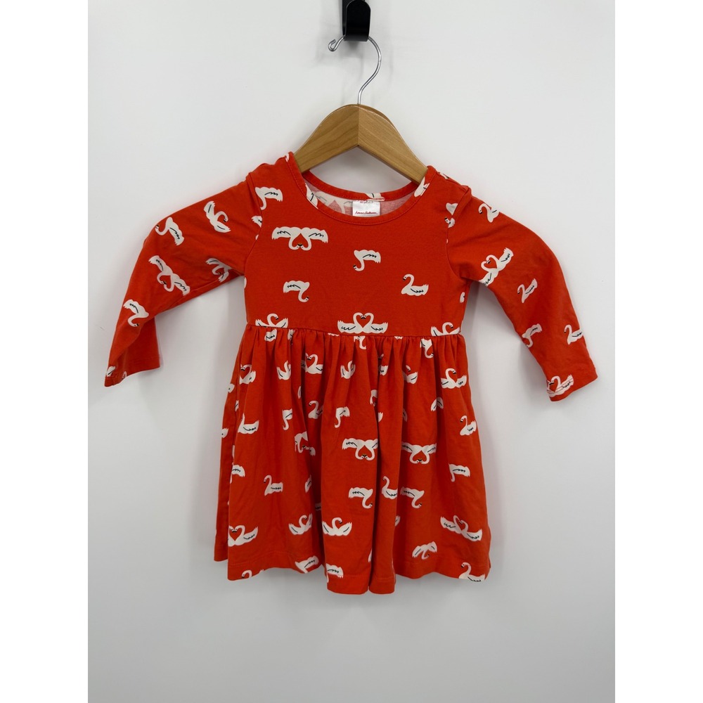 Hanna Andersson Swan Print Skater Dress Toddler 3T Orange Long Sleeve Cotton